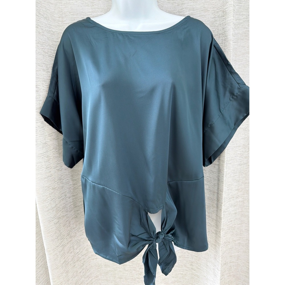 She + Sky Teal Satin Front Tie Short Sleeve Blouse Top NWT medium